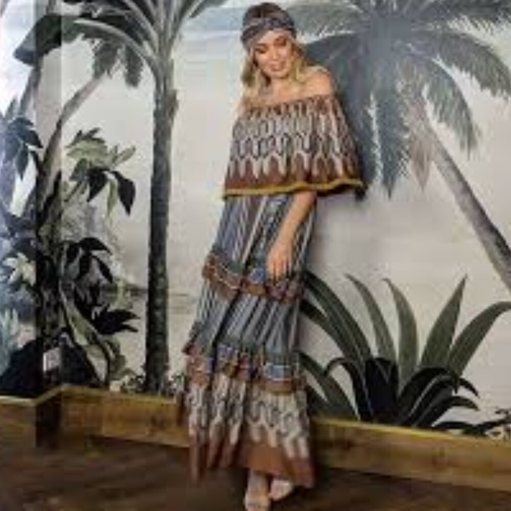Anannasa Taj Printed Off Shoulder Fringes Ruffle Maxi Dress New L
